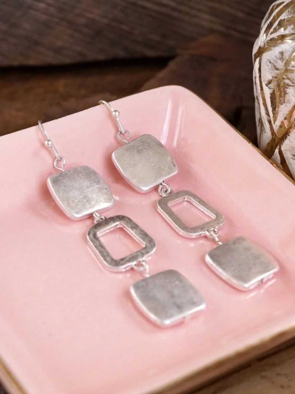 Boho Square Dangle Earrings – Worn Silver Tone